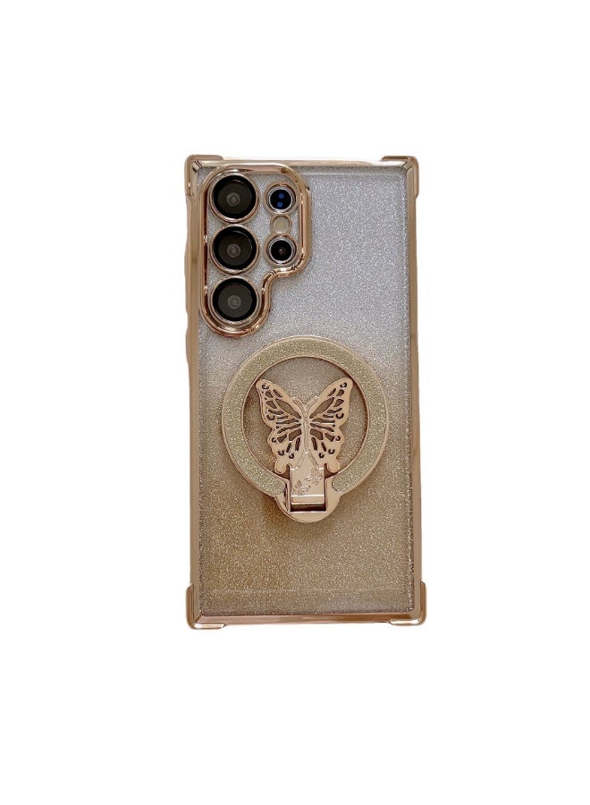 for Samsung S25 Ultra Case，Full Camera Lens Protector，Sparkly Magnetic ，Butterfly Stand，Glitter Bling Gradient Samsung S25 Ultra Cover，Elegant Shockproof Phone Case for Women Girls，Gold - Image 3