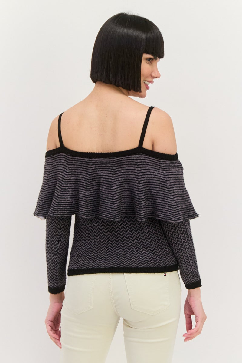 BB Dakota Women Sqaure Neck Cold Shoulder Sleeve Stripe Top, Grey - Image 3