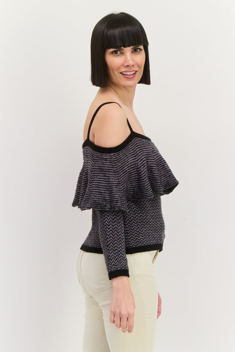 BB Dakota Women Sqaure Neck Cold Shoulder Sleeve Stripe Top, Grey - Image 2