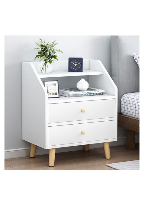 Simple Bedside Table, Modern Side Table Nightstand with Solid Wood Legs, Bedside Cabinet Mini Locker Storage Stand Cabinet Rack with Drawer and Open Storage Shelf, for Bedroom Living Room Sofa (P73B)