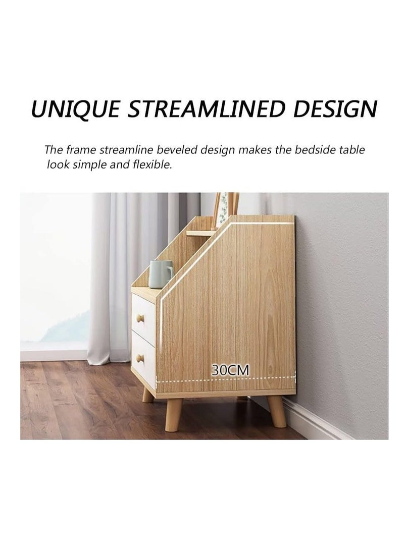 Simple Bedside Table, Modern Side Table Nightstand with Solid Wood Legs, Bedside Cabinet Mini Locker Storage Stand Cabinet Rack with Drawer and Open Storage Shelf, for Bedroom Living Room Sofa (P73B)