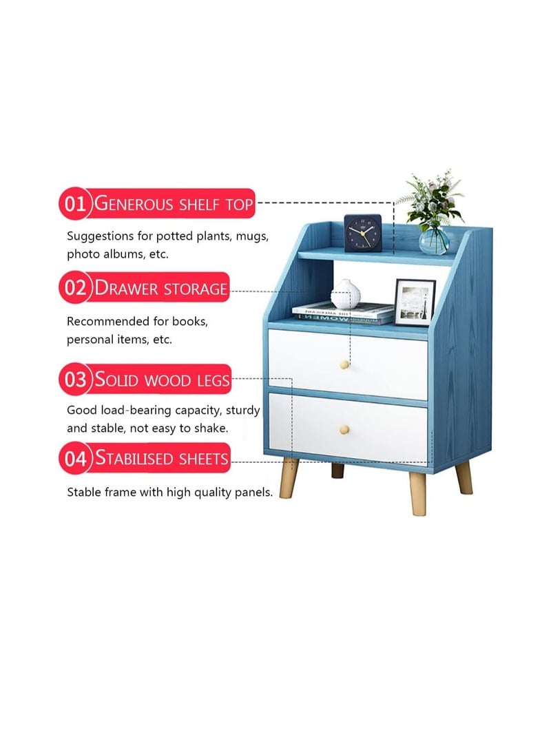 Simple Bedside Table, Modern Side Table Nightstand with Solid Wood Legs, Bedside Cabinet Mini Locker Storage Stand Cabinet Rack with Drawer and Open Storage Shelf, for Bedroom Living Room Sofa (P73B)