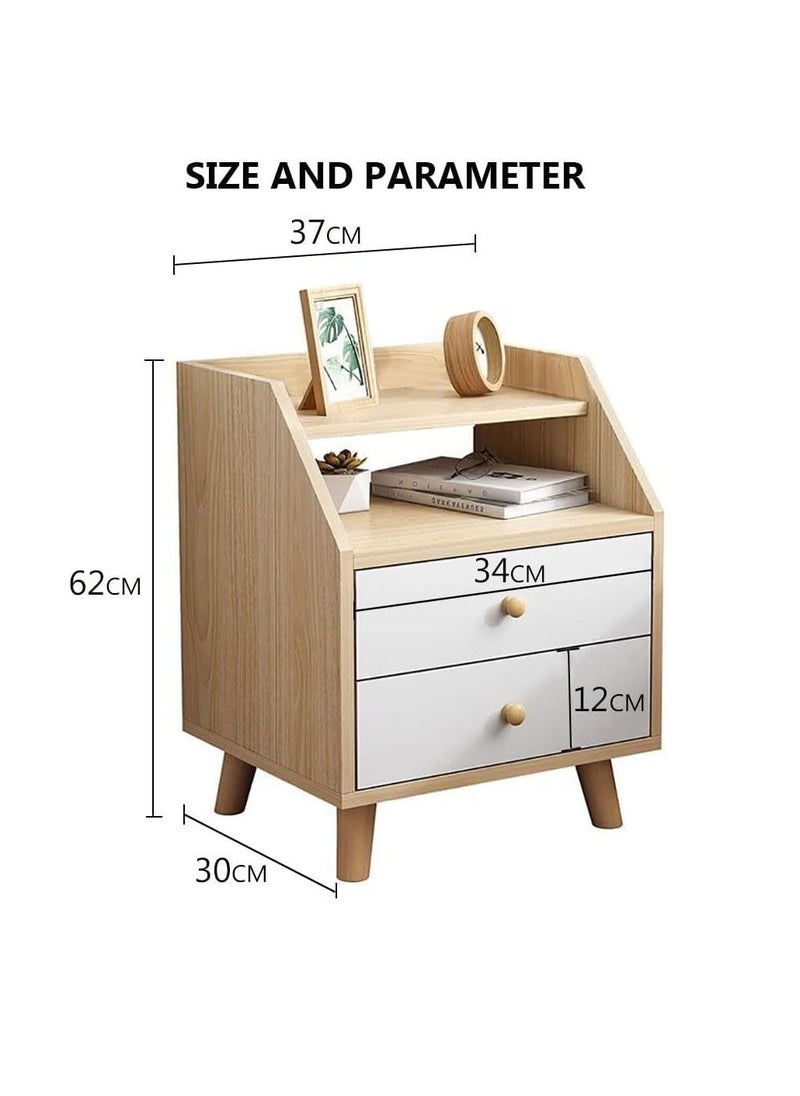 Simple Bedside Table, Modern Side Table Nightstand with Solid Wood Legs, Bedside Cabinet Mini Locker Storage Stand Cabinet Rack with Drawer and Open Storage Shelf, for Bedroom Living Room Sofa (P73B)