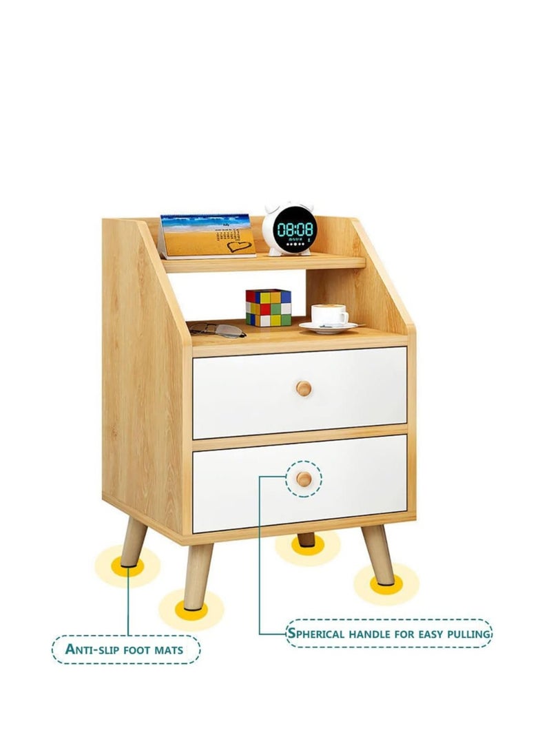 Simple Bedside Table, Modern Side Table Nightstand with Solid Wood Legs, Bedside Cabinet Mini Locker Storage Stand Cabinet Rack with Drawer and Open Storage Shelf, for Bedroom Living Room Sofa (P73B)
