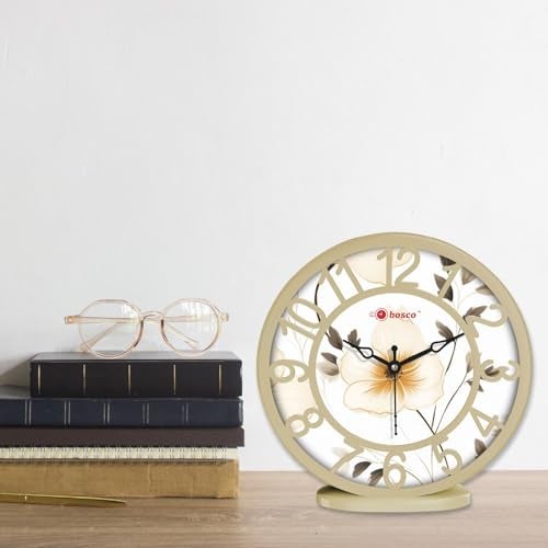 Bosco Analog Non Ticking Silent, Delicate Floral Print in Beige Colour, 20 CM Table Cum Decorative Round Wall Clock for Home, Living Room, Bed Room, Office and Kitchen | BWC-1210 - Image 1
