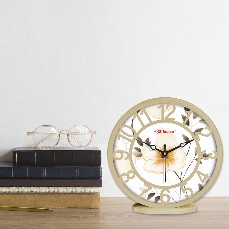 Bosco Analog Non Ticking Silent, Delicate Floral Print in Beige Colour, 20 CM Table Cum Decorative Round Wall Clock for Home, Living Room, Bed Room, Office and Kitchen | BWC-1210 - Image 4