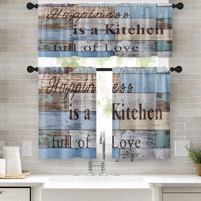 Tayney Farmhouse Kitchen Window Curtains Valance and Tier Set 36 Inch Wooden Full of Love Happiness Rod Pocket Short Tier Curtain, Vintage Small Drapes for Kitchen Decor - Image 1