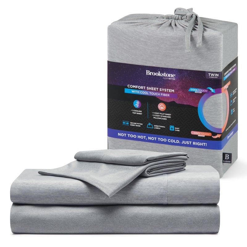 Brookstone Comfort Twin Sheet Set - Innovative Cooling Sheets for Hot Sleepers - Deep Sleep with Temperature Regulation - 3-Piece Set of Soft Flat, Twin Fitted Sheet, & Pillowcase - Gray - Image 1