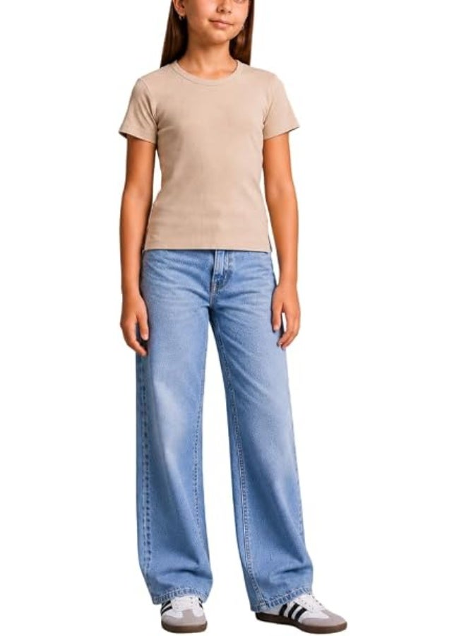 Nileton Girls’ Basic Tops - Ribbed Knit – Cotton Crew Neck T-Shirt – Regular Fit Short Sleeve Stretchy Fitted Casual Everyday Tee - Image 1