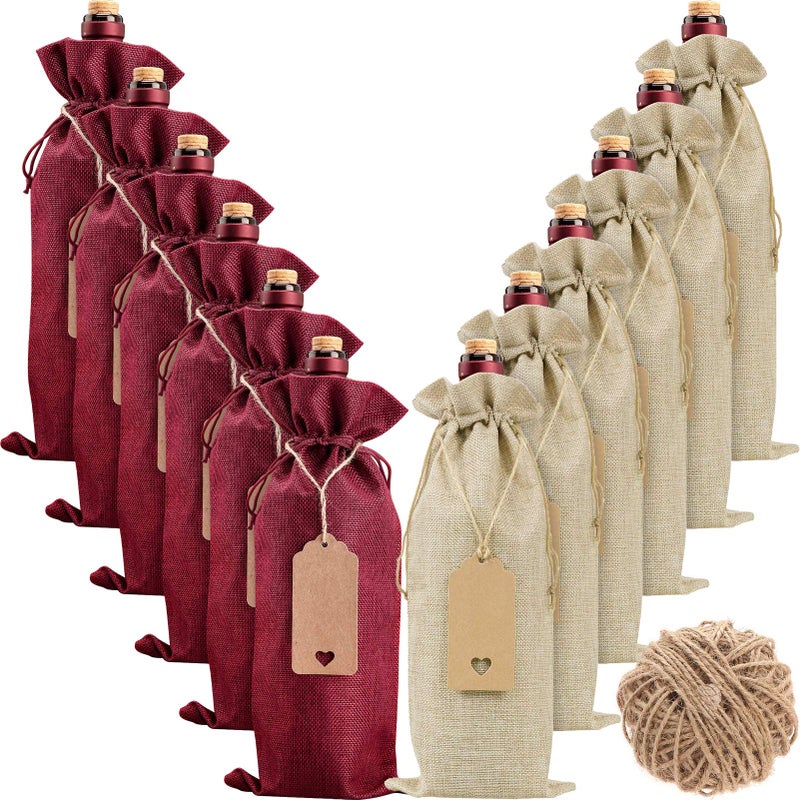 Aoonby Burlap Wine Bags Christmas Gift Bags , 12 Pcs Wine Bottle Covers with Drawstrings, Tags & Ropes, Reusable & Ideal for Christmas, Holiday Party, Wedding, Birthday, Travel, Housewarming, Home Storage - Image 1
