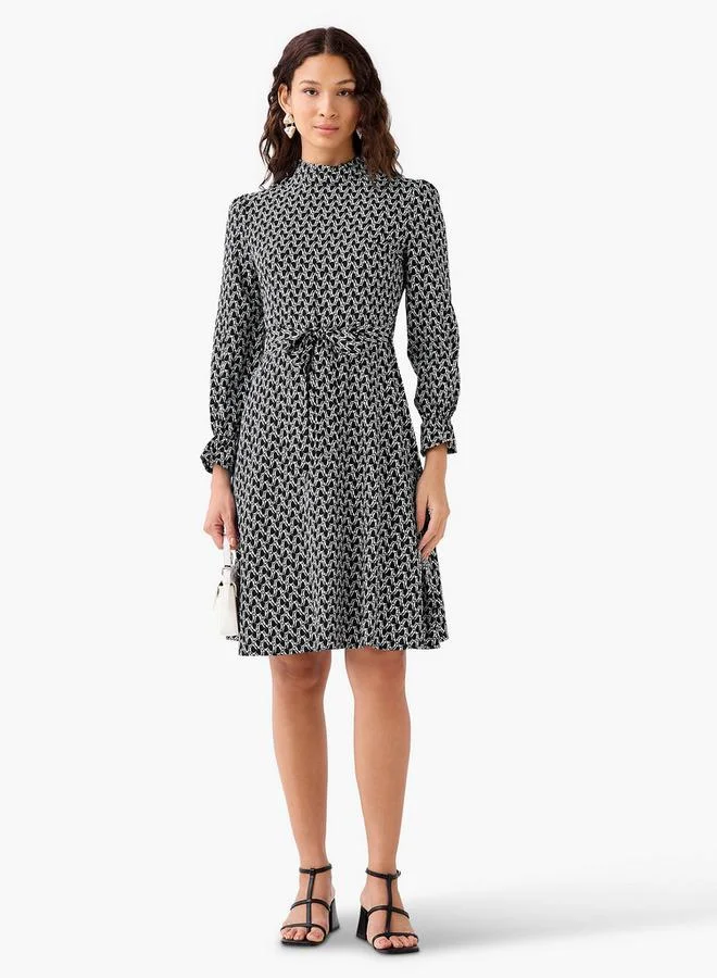 سبلاش فيڤ Abstract Print Mini Dress with High Neck and Tie-Up Belt