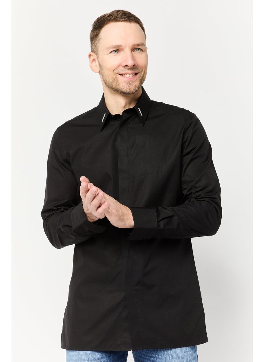 GIVENCHY Men Contemporary Fit Patch Logo Long Sleeve Casual Shirt, Black  - Image 1
