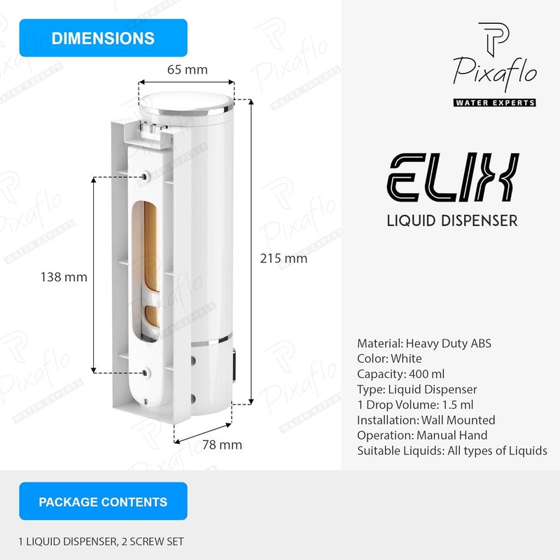 Pixaflo Elix Liquid Sanitizer Shower Gel Dish Wash Soap Dispenser for Bathroom Kitchen 400 ml Capacity Wall Mounted White Pack of 2 Plastic - Image 4