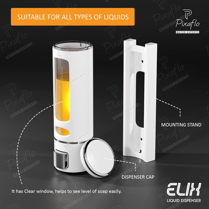 Pixaflo Elix Liquid Sanitizer Shower Gel Dish Wash Soap Dispenser for Bathroom Kitchen 400 ml Capacity Wall Mounted White Pack of 2 Plastic - Image 5