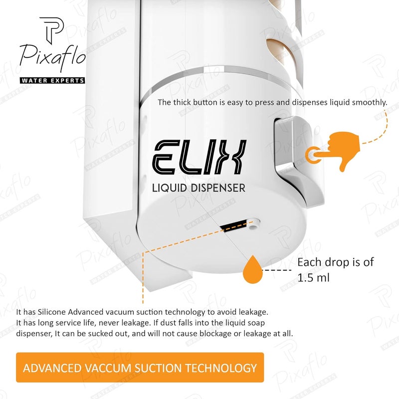 Pixaflo Elix Liquid Sanitizer Shower Gel Dish Wash Soap Dispenser for Bathroom Kitchen 400 ml Capacity Wall Mounted White Pack of 2 Plastic - Image 2