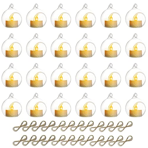 NUPTIO Hanging TeaLight Candle Holder: 24Pcs 2.36in Tree Tea Light Holders with LED Candles Small Glass Globes Ornament Clear Round Mini Terrarium Containers for Wedding Party Tree Decoration - Image 1