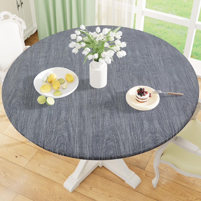 misaya Round Fitted Tablecloth with Elastic Edge, 100% Waterproof Oil Proof Plastic Table Cover, Vinyl Flannel Backed Tablecloth Fits 36"-44" Round Tables for Dinner, Outdoor, Picnic, Wood Grey - Image 1