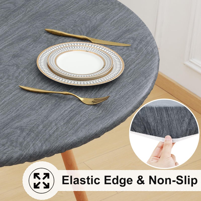 misaya Round Fitted Tablecloth with Elastic Edge, 100% Waterproof Oil Proof Plastic Table Cover, Vinyl Flannel Backed Tablecloth Fits 36"-44" Round Tables for Dinner, Outdoor, Picnic, Wood Grey - Image 2