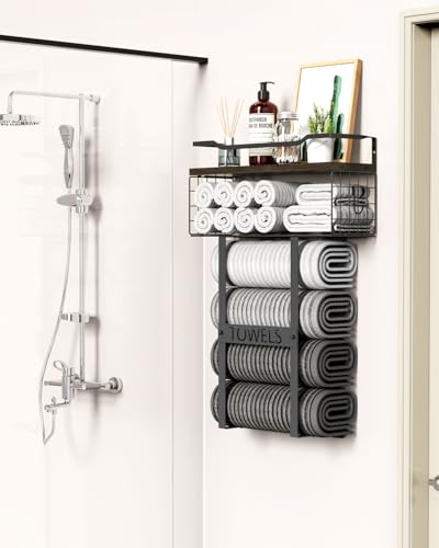Aetyord Rustic Brown Wood Vertical Towel Rack - Bath Wall Holder Set Above Toilet Storage, Rolled Towel Shelf Organizer for Small Bathrooms - Image 3