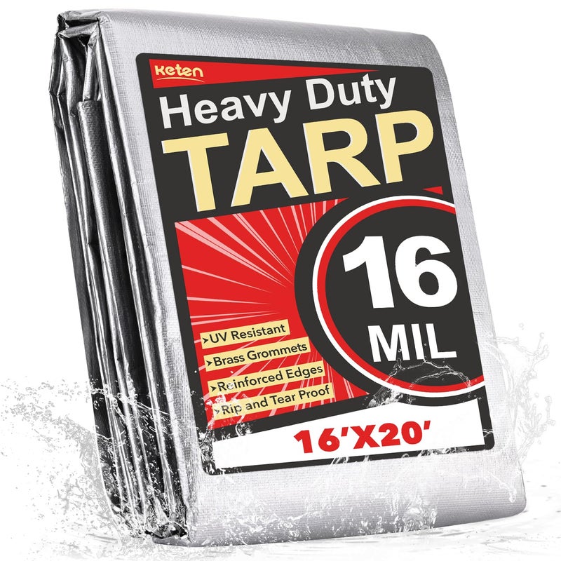 Keten Tarps Heavy Duty Waterproof 16X20 Feet Extra Thick 16 Mil Tear Fade Resistant UV Blocking Outdoor Tarp with Reinforced Grommets for Roof Camping Patio Pool BoatSilverBlack