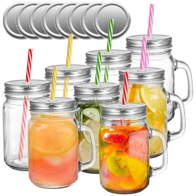 8 PACK 16 OZ GLASS MASON JAR MUGS WITH HANDLE 16 TIN LIDS AND 8 PLASTIC STRAWS OLD FASHIONED MASON JAR DRINKING GLASSES CLEAR GLASS CUPS FOR PARTY AND DAILY USE