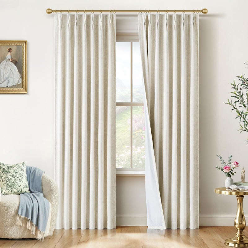 INOVADAY Pinch Pleated Curtains Blackout 90 Inches Long - Linen Blackout Curtains for Living Room Bedroom 2 Panels Set, Luxury Thermal Insulated Drapes for Dining Room, 40" Wx90 L, Natural - Image 1
