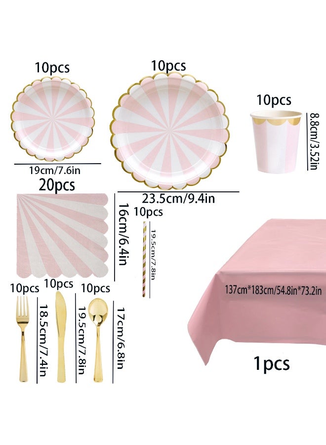 91 PCS Pink Striped Paper Plates and Napkins Party Supplies, Disposable Gold Foil Scalloped Dessert Plate Party Dinnerware Set for Birthday Wedding Bachelorette Baby/ Bridal Shower Decorations - Image 2