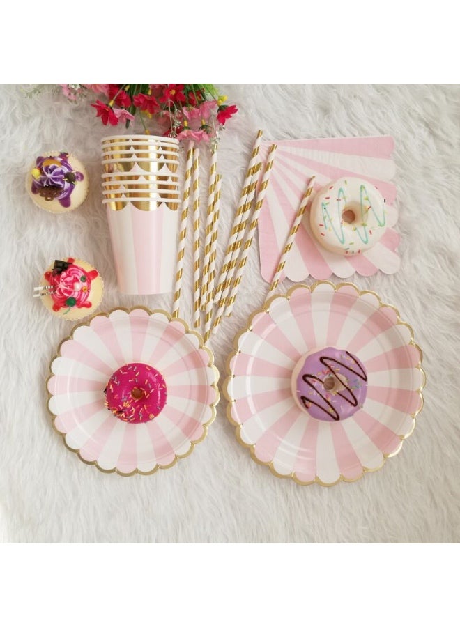 91 PCS Pink Striped Paper Plates and Napkins Party Supplies, Disposable Gold Foil Scalloped Dessert Plate Party Dinnerware Set for Birthday Wedding Bachelorette Baby/ Bridal Shower Decorations - Image 3
