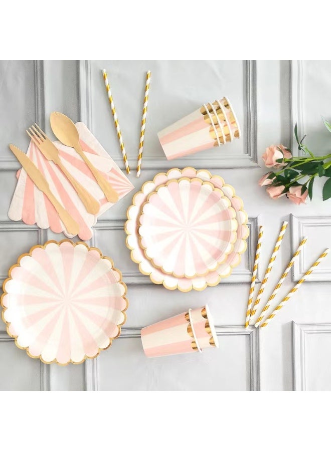 91 PCS Pink Striped Paper Plates and Napkins Party Supplies, Disposable Gold Foil Scalloped Dessert Plate Party Dinnerware Set for Birthday Wedding Bachelorette Baby/ Bridal Shower Decorations - Image 1