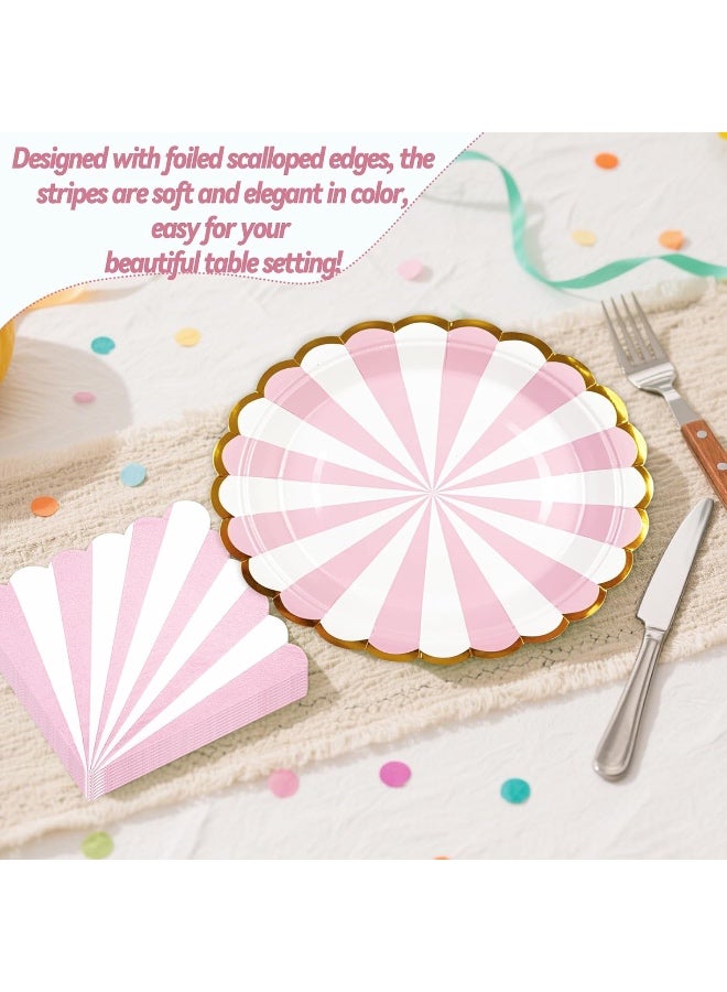 91 PCS Pink Striped Paper Plates and Napkins Party Supplies, Disposable Gold Foil Scalloped Dessert Plate Party Dinnerware Set for Birthday Wedding Bachelorette Baby/ Bridal Shower Decorations - Image 4