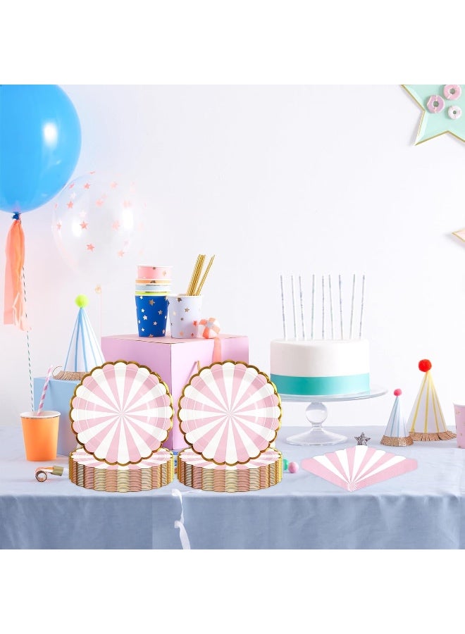 91 PCS Pink Striped Paper Plates and Napkins Party Supplies, Disposable Gold Foil Scalloped Dessert Plate Party Dinnerware Set for Birthday Wedding Bachelorette Baby/ Bridal Shower Decorations - Image 5