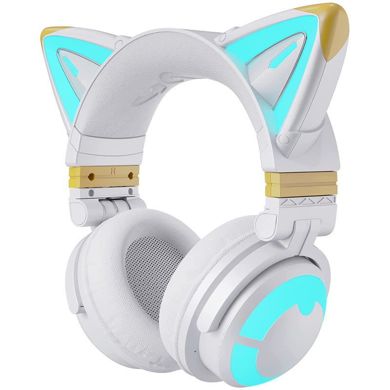 YOWU سماعات يوي Cat Ear 3G، RGB لاسلكية/سلكية 5.0 قابلة للطي مع صوت محيطي 7.1، ميكروفون مدمج وإضاءة وتأثيرات قابلة للتخصيص عبر التطبيق (أبيض) - Image 1