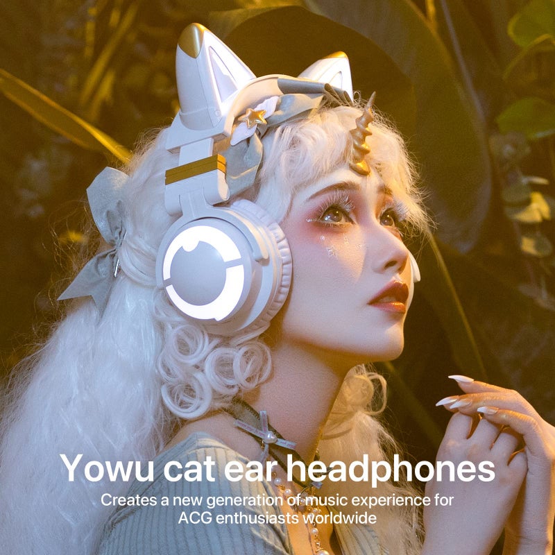 YOWU سماعات يوي Cat Ear 3G، RGB لاسلكية/سلكية 5.0 قابلة للطي مع صوت محيطي 7.1، ميكروفون مدمج وإضاءة وتأثيرات قابلة للتخصيص عبر التطبيق (أبيض) - Image 2