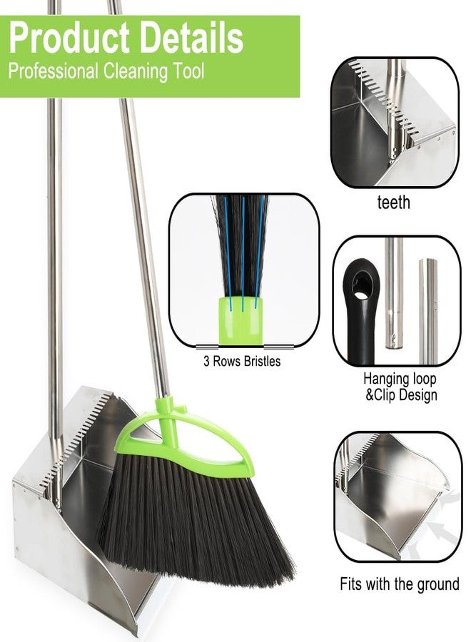 CHANHOO Soft Bristles Broom and Dustpan Set,Mental Dustpan with Indoor Broom, Green Angle Broom with Stand Up Dustpan for Hardwood Kitchen Floor Sweeping - Image 2