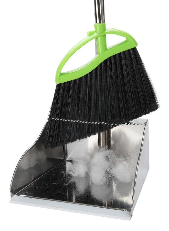 CHANHOO Soft Bristles Broom and Dustpan Set,Mental Dustpan with Indoor Broom, Green Angle Broom with Stand Up Dustpan for Hardwood Kitchen Floor Sweeping - Image 1