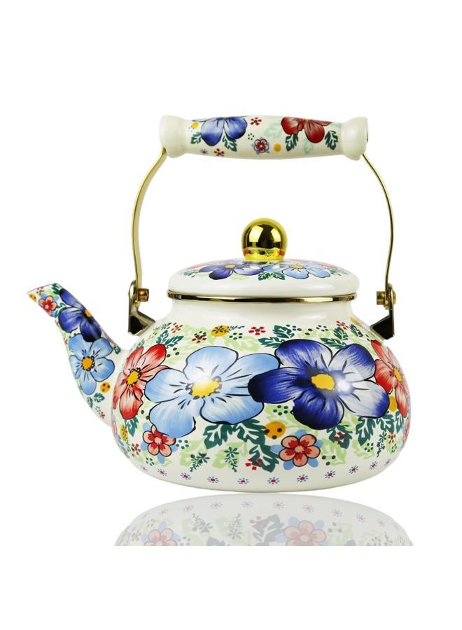 Leebright Blue Floral Enamel Tea Kettle Vintage Gold Beige Teapot Blue Floral Boho Hot Water Coffee Kettle Pot 2.5L Porcelain Tea Pot with Ceramic Handle for Stovetop Kitchen Home Decor - Image 1