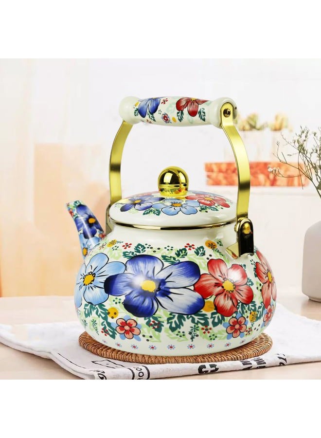 Leebright Blue Floral Enamel Tea Kettle Vintage Gold Beige Teapot Blue Floral Boho Hot Water Coffee Kettle Pot 2.5L Porcelain Tea Pot with Ceramic Handle for Stovetop Kitchen Home Decor - Image 5