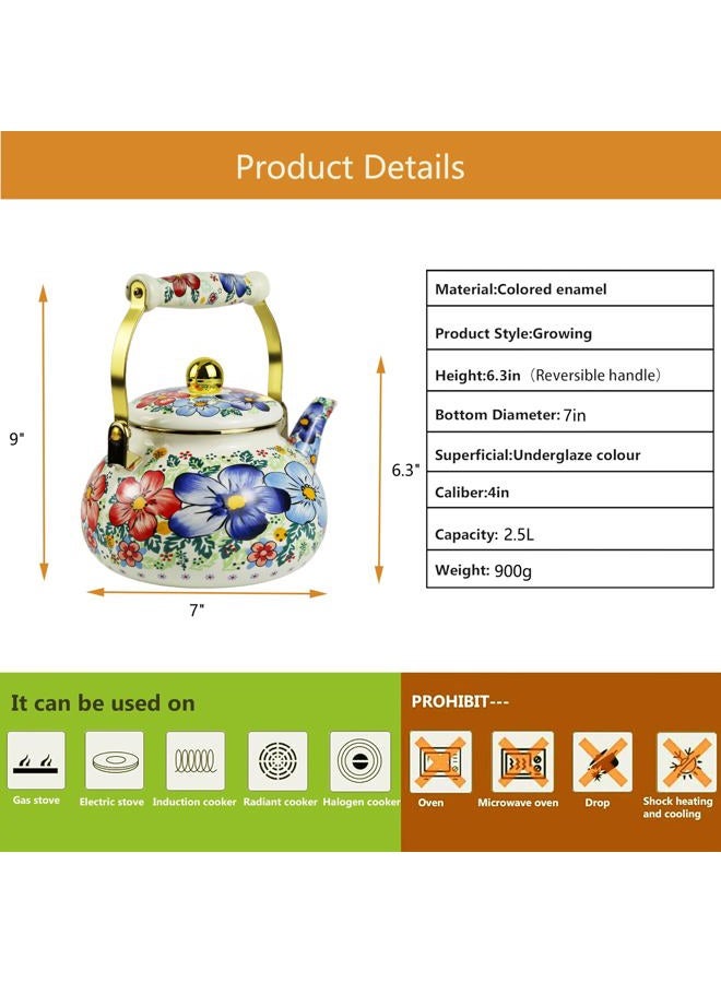 Leebright Blue Floral Enamel Tea Kettle Vintage Gold Beige Teapot Blue Floral Boho Hot Water Coffee Kettle Pot 2.5L Porcelain Tea Pot with Ceramic Handle for Stovetop Kitchen Home Decor - Image 3