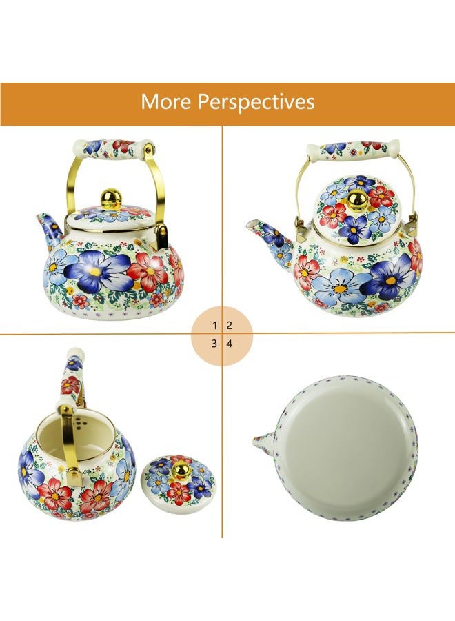 Leebright Blue Floral Enamel Tea Kettle Vintage Gold Beige Teapot Blue Floral Boho Hot Water Coffee Kettle Pot 2.5L Porcelain Tea Pot with Ceramic Handle for Stovetop Kitchen Home Decor - Image 4