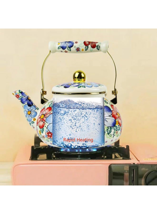 Leebright Blue Floral Enamel Tea Kettle Vintage Gold Beige Teapot Blue Floral Boho Hot Water Coffee Kettle Pot 2.5L Porcelain Tea Pot with Ceramic Handle for Stovetop Kitchen Home Decor - Image 2