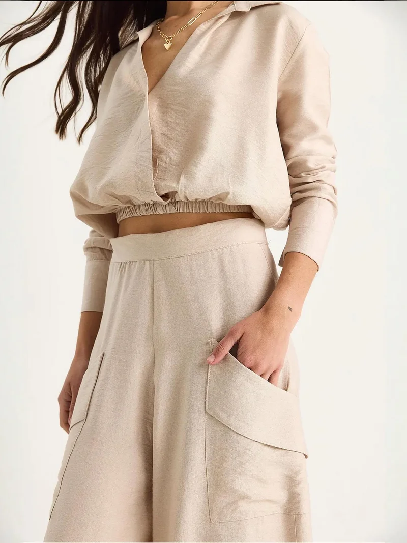 Bianco Lucci Beige Natural LUCCI High Waist V-Neck Crop Sweatshirt and Wide Leg Pants Set for Women | Best Price UAE