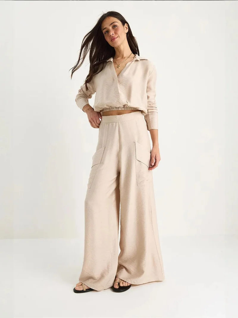 Bianco Lucci Beige Natural LUCCI High Waist V-Neck Crop Sweatshirt and Wide Leg Pants Set for Women | Best Price UAE