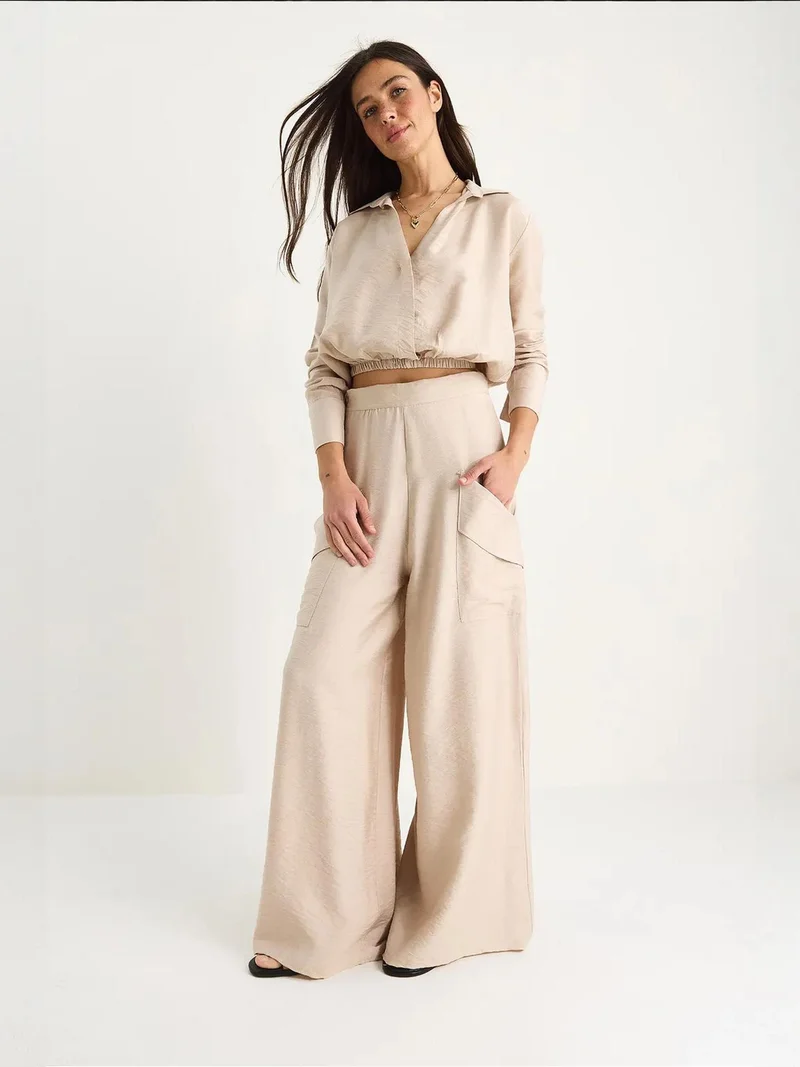 Bianco Lucci Beige Natural LUCCI High Waist V-Neck Crop Sweatshirt and Wide Leg Pants Set for Women | Best Price UAE