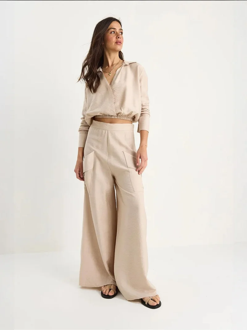 Bianco Lucci Beige Natural LUCCI High Waist V-Neck Crop Sweatshirt and Wide Leg Pants Set for Women | Best Price UAE