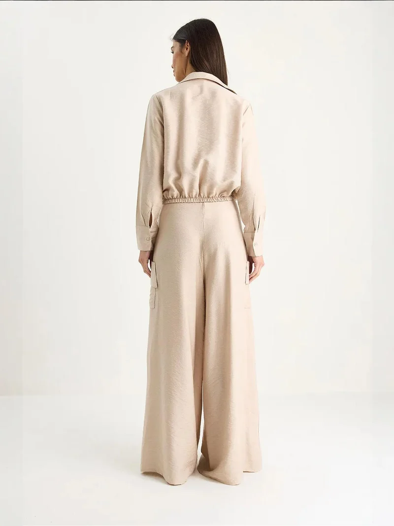 Bianco Lucci Beige Natural LUCCI High Waist V-Neck Crop Sweatshirt and Wide Leg Pants Set for Women | Best Price UAE