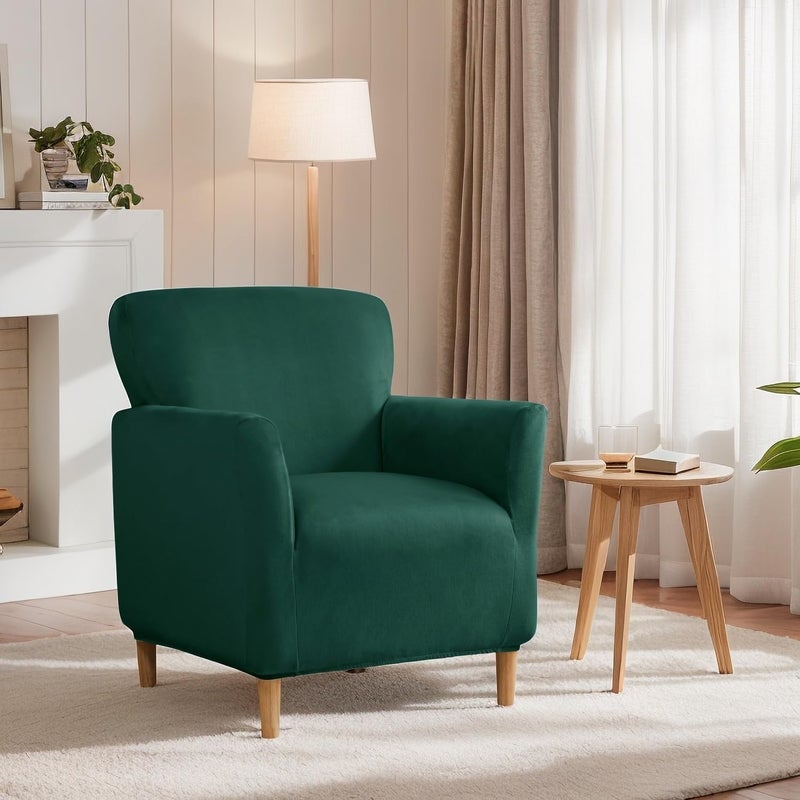 SONNACH Stretch Chair Covers with Arms 1-Piece Banquet Armchair Slipcover Velvet Mid Century Modern Armchair Slipcover Anti-Slip Furniture Protector for Living Room Friendly for Kids Pets (Kelly) - Image 2