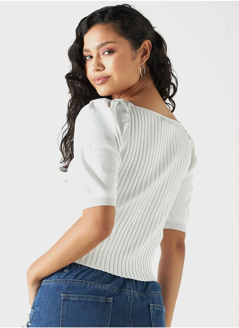 تواكستريمز Embellished Ribbed Square Neck Crop Top