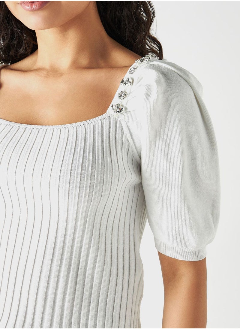 2Xtremz - Embellished Ribbed Square Neck Crop Top - Image 1