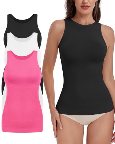 EUYZOU Women 3PK Shapewear Tummy Control Tank Tops Seamless Compression Tops Body Shaper Camisole, Black/White/Pink L - Image 5