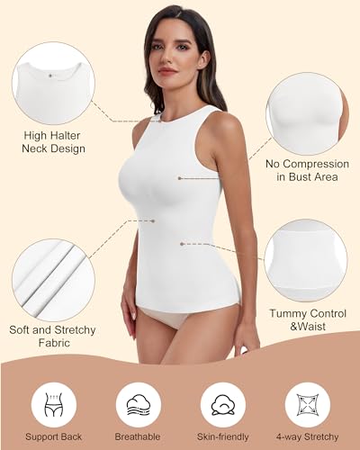 EUYZOU Women 3PK Shapewear Tummy Control Tank Tops Seamless Compression Tops Body Shaper Camisole, Black/White/Pink L - Image 3